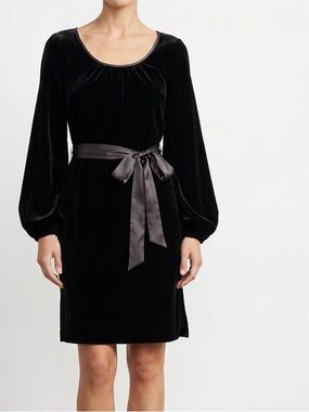 LAUNDRY By SHELLI SEGAL Black Velvet Long Sleeve Midi Dress w Ribbon Sash Belt